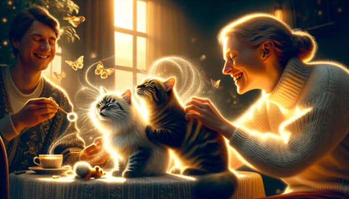 Two cats grooming each other and purring in warm sunlight, one chasing a toy, with a smiling human nearby, showing happiness.