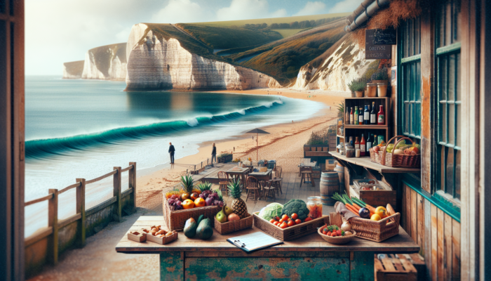 Charming café in Swanage, UK, overlooking dramatic coastal cliffs and turquoise waves; inside, fresh local ingredients artfully displayed.