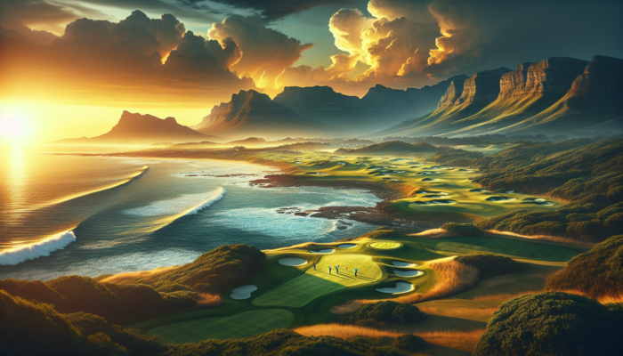 Vibrant sunset at a South African golf course: emerald fairways along the Indian Ocean, Drakensberg mountains, and golfers teeing off.