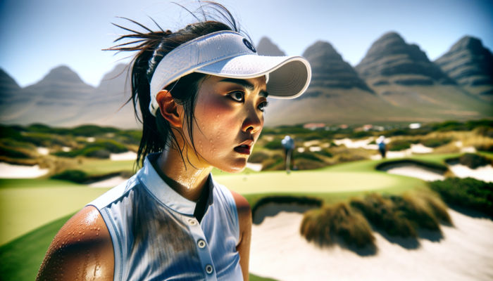 A golfer sweating under the South African sun, navigating undulating landscapes and bunkers during the Cape Town Open, with mountains in the background.