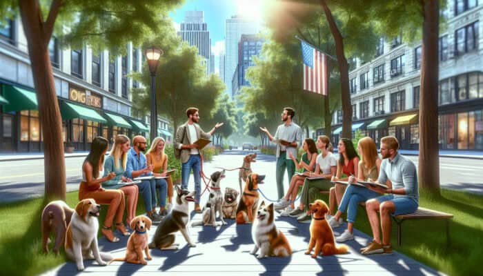 In a sunny park, experts in casual attire demonstrate dog training techniques with eager dogs, as volunteers take notes amid vibrant greenery.