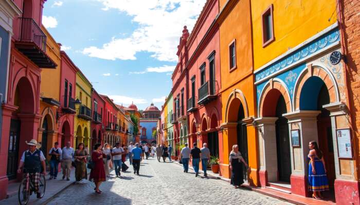 Vibrant street scene in San Miguel de Allende showcasing colourful colonial architecture, intricate archways, cobbled streets, and locals in traditional clothing under a sunny sky.