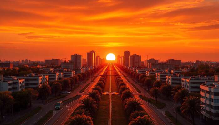 Symmetrical urban landscape during golden hour, featuring winding paths leading to a vibrant focal point and striking warm-cool colour contrasts.
