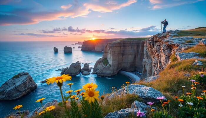 Photographer on a coastal cliff at dawn capturing a vibrant sunrise over turquoise waters, with golden light illuminating wildflowers and rugged rocks, while avoiding crowds.