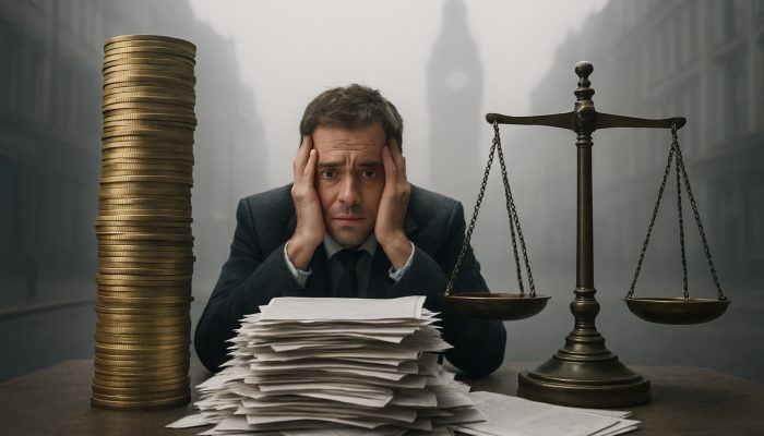 Understanding the Impact of New Borrowing on Future Mortgage Offers | DCL Concerned UK borrower surrounded by coins and loan documents on a foggy street, debt ratios tipping the scales.