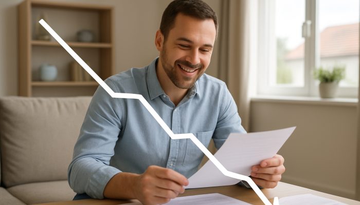 Understanding the Impact of New Borrowing on Future Mortgage Offers | DCL Contemporary UK home with a declining debt graph, as a content homeowner reviews repayment mortgage documentation.