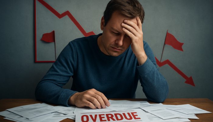 Understanding the Impact of New Borrowing on Future Mortgage Offers | DCL Anxious UK borrower at a desk with overdue bills, warning signs, and a declining credit score graph.