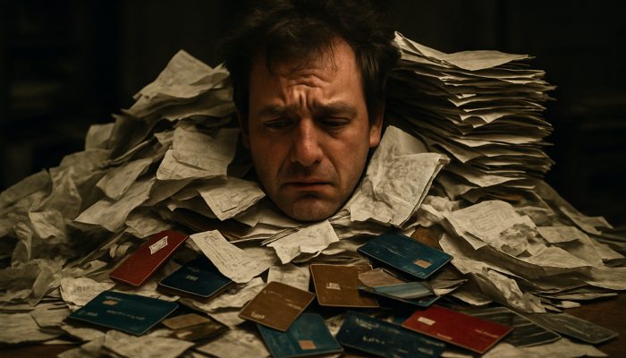 Stressed person buried under vintage credit cards, receipts, and paperwork in a cluttered room.