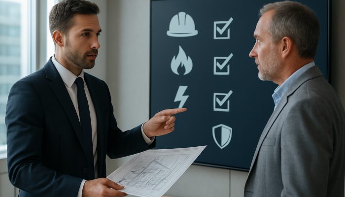 Engaging with a Broker for Safer Structures: Essential Insights | DCL Broker in suit discussing modern building blueprints and safety tips with client.
