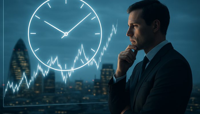 Engaging with a Broker for Safer Structures: Essential Insights | DCL Sharp-dressed London broker analysing stock market graphs on a screen with clock for optimal investments.