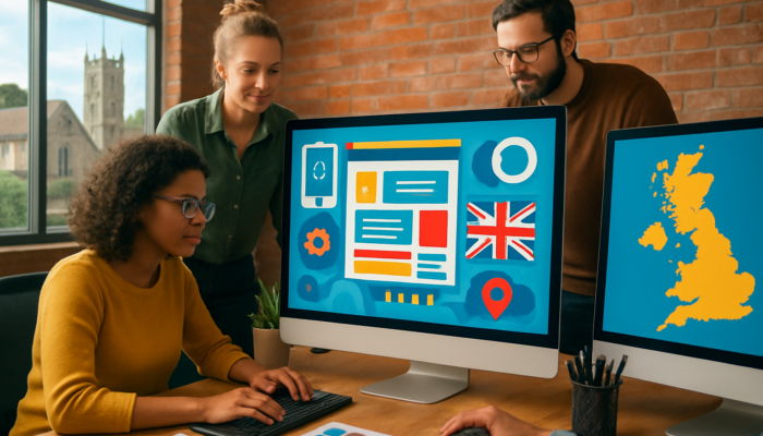 Dynamic Bridport office with designers crafting SEO-optimised WordPress sites featuring iconic UK landmarks.