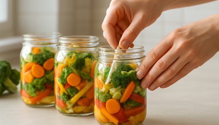 Hands packing colourful vegetables into glass jars, removing air pockets with tool.