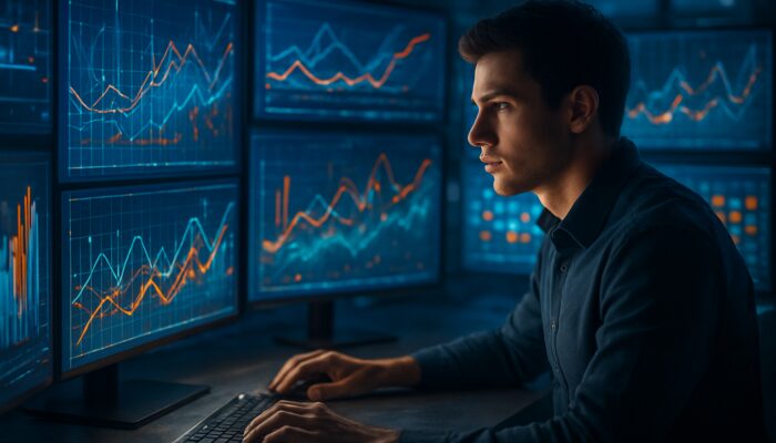 Digital analyst at high-tech desk viewing SEO keyword graphs and trend lines.