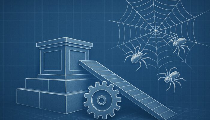 Digital blueprint with gears for site speed, ramps for accessibility, and spiders crawling a web for SEO growth.