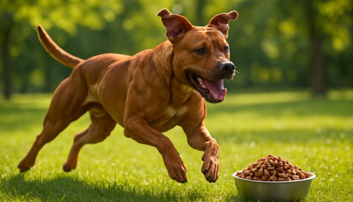 Muscular dog running in sunny park with high-protein kibble bowl nearby.