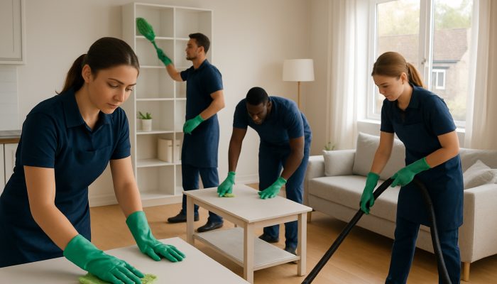 Professional cleaners in uniform tidying a bright UK apartment using eco-friendly tools.