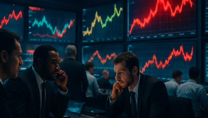 Busy trading floor with traders analysing fluctuating stock graphs amid breaking news alerts.