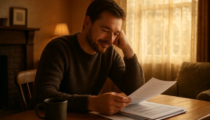 Individual assessing consolidated debt documents in a comfortable British living room, displaying relief and clarity.