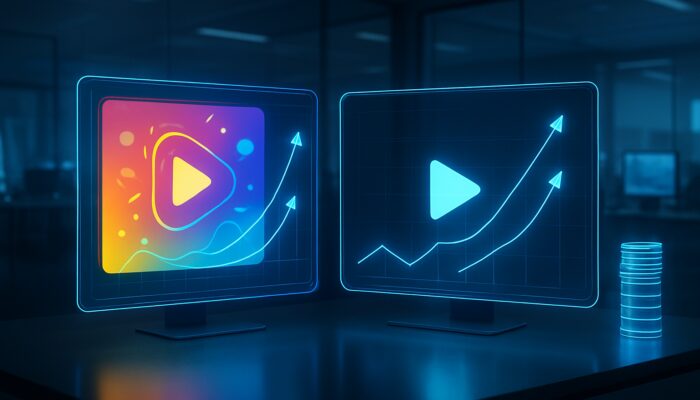 Holographic split-screen comparing dynamic versus minimalist video ads with performance analytics for A/B testing optimisation