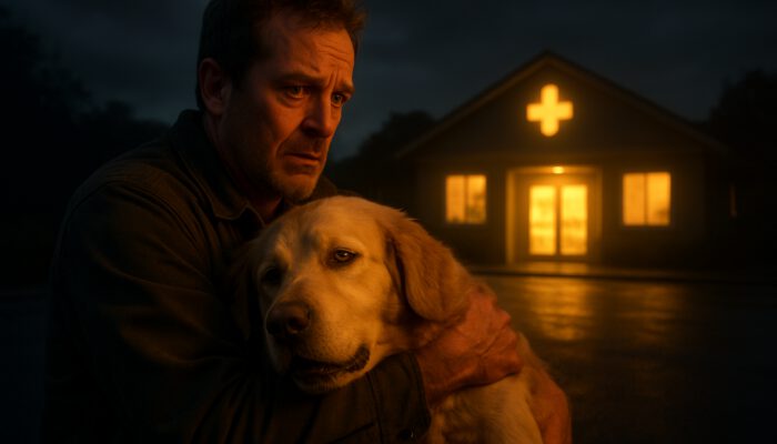 Owner rushing lethargic golden retriever with jaundice to glowing veterinary clinic at dusk