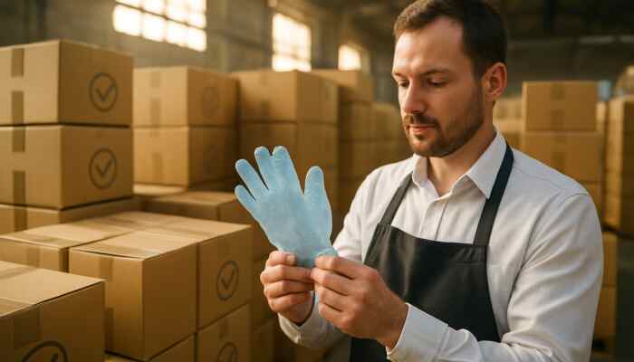 Catering manager inspecting certified bulk polythene gloves in a sunlit warehouse with compliance boxes