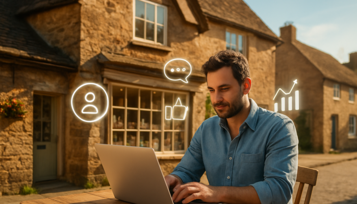 Historic Great Torrington shop owner on laptop with floating social media icons and growth charts
