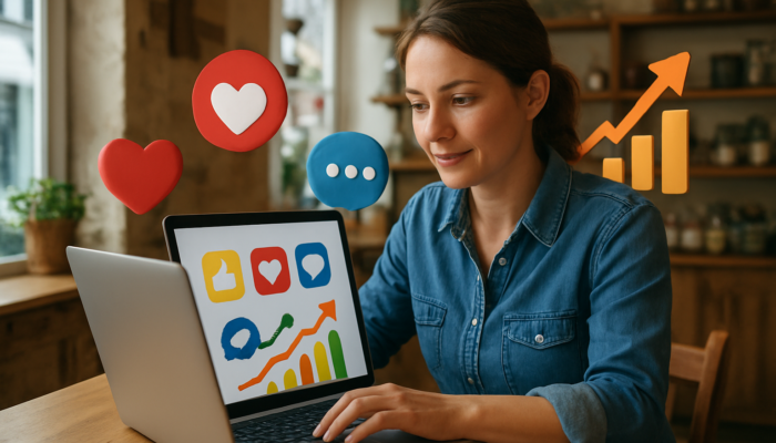 Small business owner in Great Torrington analyzes social media engagement metrics on laptop with floating icons