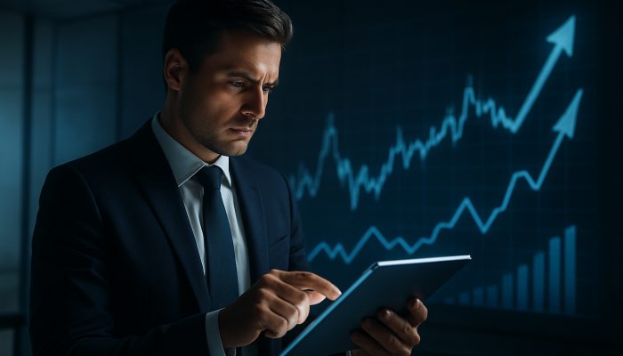 Reviewing Your Plan As Prices Change: Essential Steps | DCL Entrepreneur examines financial strategy on a glowing tablet amid rising price charts in a modern office