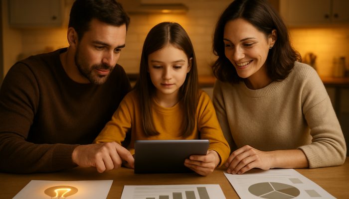 Reviewing Your Plan As Prices Change: Essential Steps | DCL Family reviewing energy bills on tablet at kitchen table with income charts for financial control