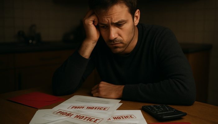 Anxious individual at dimly lit table with overdue gas, electricity and water bills marked final notice