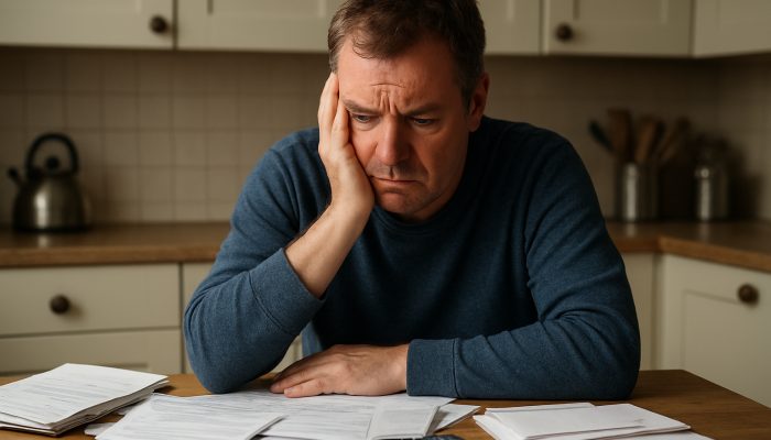 Concerned UK resident at cluttered table with council tax bills and support letters