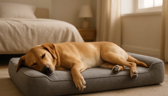 Serene dog resting on supportive high-density foam pet bed in cosy bedroom.