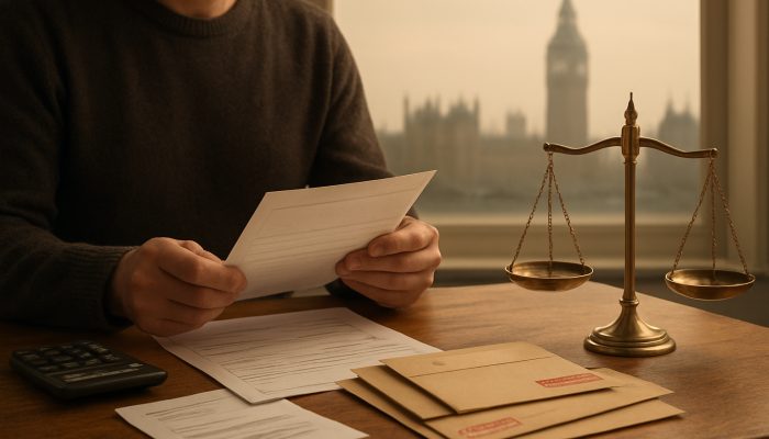 British person sorting priority bills ahead of loans at desk with London skyline and scales