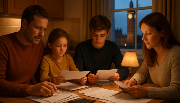 British family sorting priority bills at kitchen table with Big Ben view