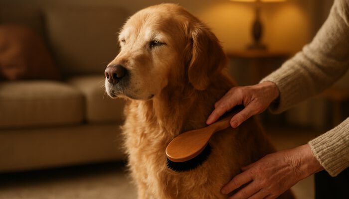 Elderly golden retriever with dry, patchy fur being gently brushed by owner in a cosy home