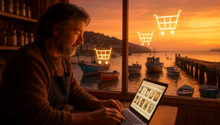 Teignmouth harbor shopkeeper at sunset with glowing laptop and floating e-commerce carts over boats