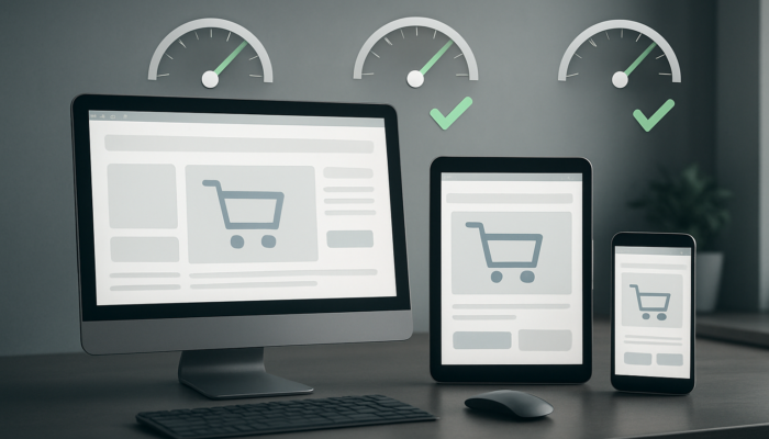 Split-screen of responsive e-commerce site loading instantly on desktop, tablet, and smartphone with speed gauges.