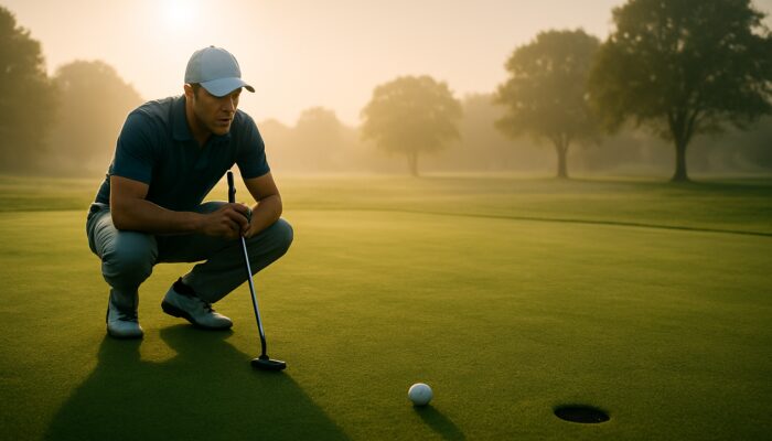 Concentrated golfer in polo shirt preparing to putt on a misty sunlit golf green