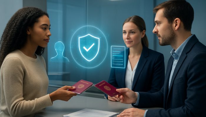 Handling Joint Accounts And Shared Cards: Key Tips | DCL Diverse adults verifying passports for FCA joint account security at modern UK bank counter