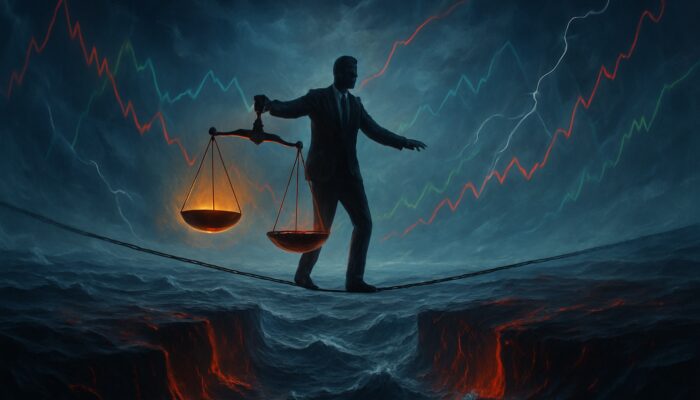 Surreal trader balancing luminous profit scales against crimson drawdown chasms on a stormy market sea with swirling charts