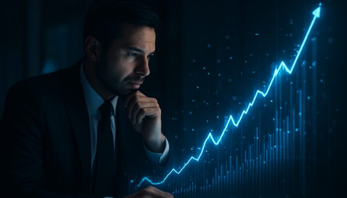 Trader studying glowing holographic charts of rising profit-to-drawdown ratio in dim office