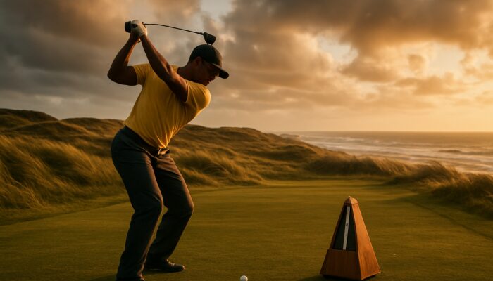 Concentrated South African golfer mid-swing with a metronome on a breezy coastal fairway at dusk