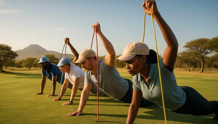 Diverse group of golfers performing planks and resistance band presses on a sunlit South African savanna golf course.