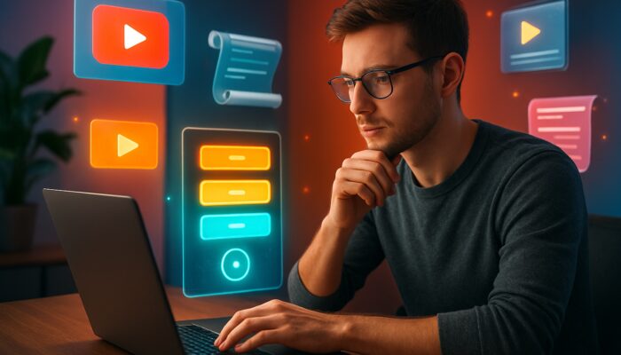 A young creator reviews pricing tiers and YouTube thumbnails on a laptop in a vibrant studio