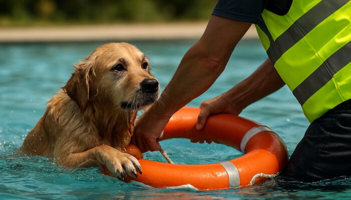 Person rescuing soaked golden retriever from pool with life ring in daylight