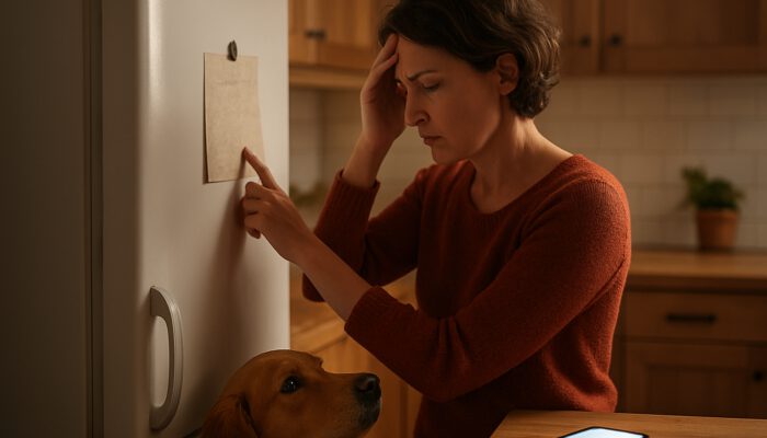 Worried pet owner checks emergency vet contacts list on fridge with dog nearby
