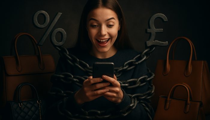 Young shopper in the UK using BNPL on their phone while surrounded by luxury shopping bags as debt burdens increase.