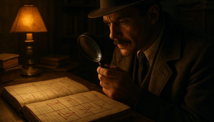 Vintage investigator examining settled accounts in an old ledger with a magnifying glass