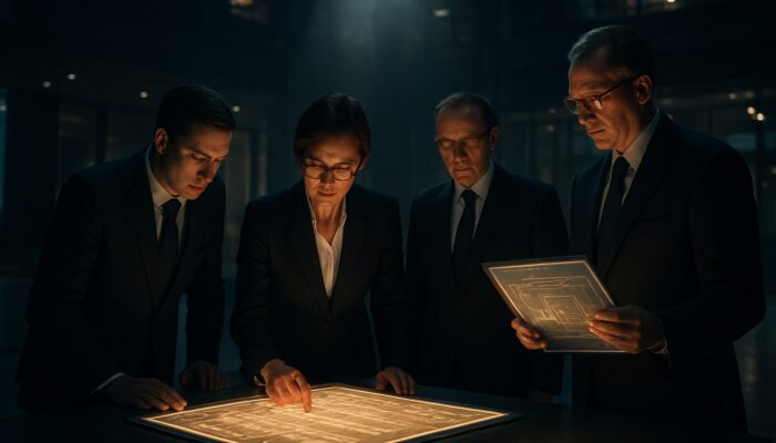 Regulatory officials scrutinising glowing ledgers and blueprints under spotlight in sleek exchange hall.