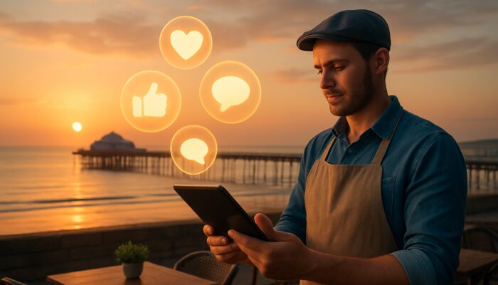 Café owner analysing impressive social media metrics on a tablet above Weston-super-Mare pier during sunset